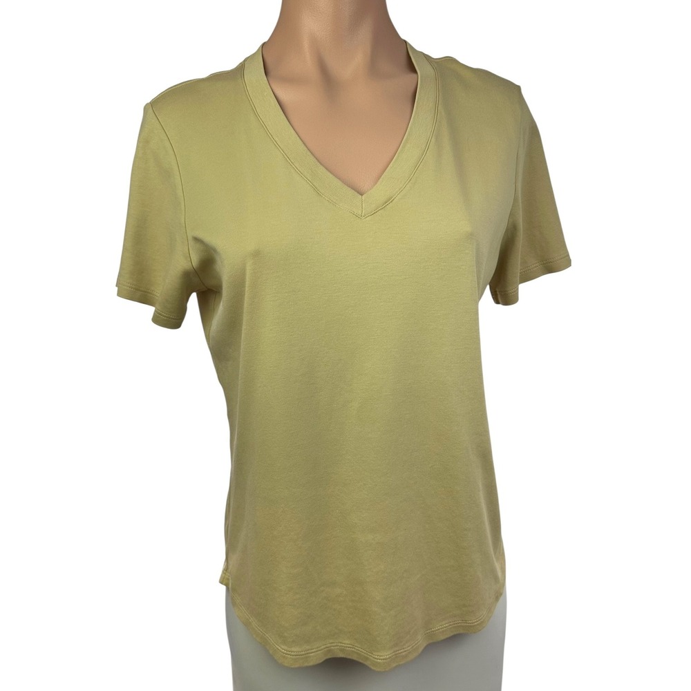 Mon Chou Womens Pullover Top SZ M Olive Cotton V-Neck Short Sleeve Curved Hem